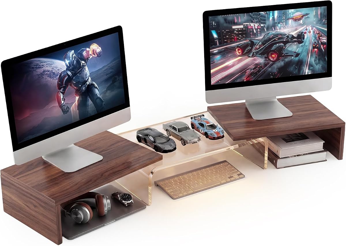 High-Clarity Dual Monitor Riser, Desk Organizer for Computer Monitor, Acrylic Monitor Riser with Keyboard Storage, Adjustable Angle & Length Computer Monitor Stand Walnut Look