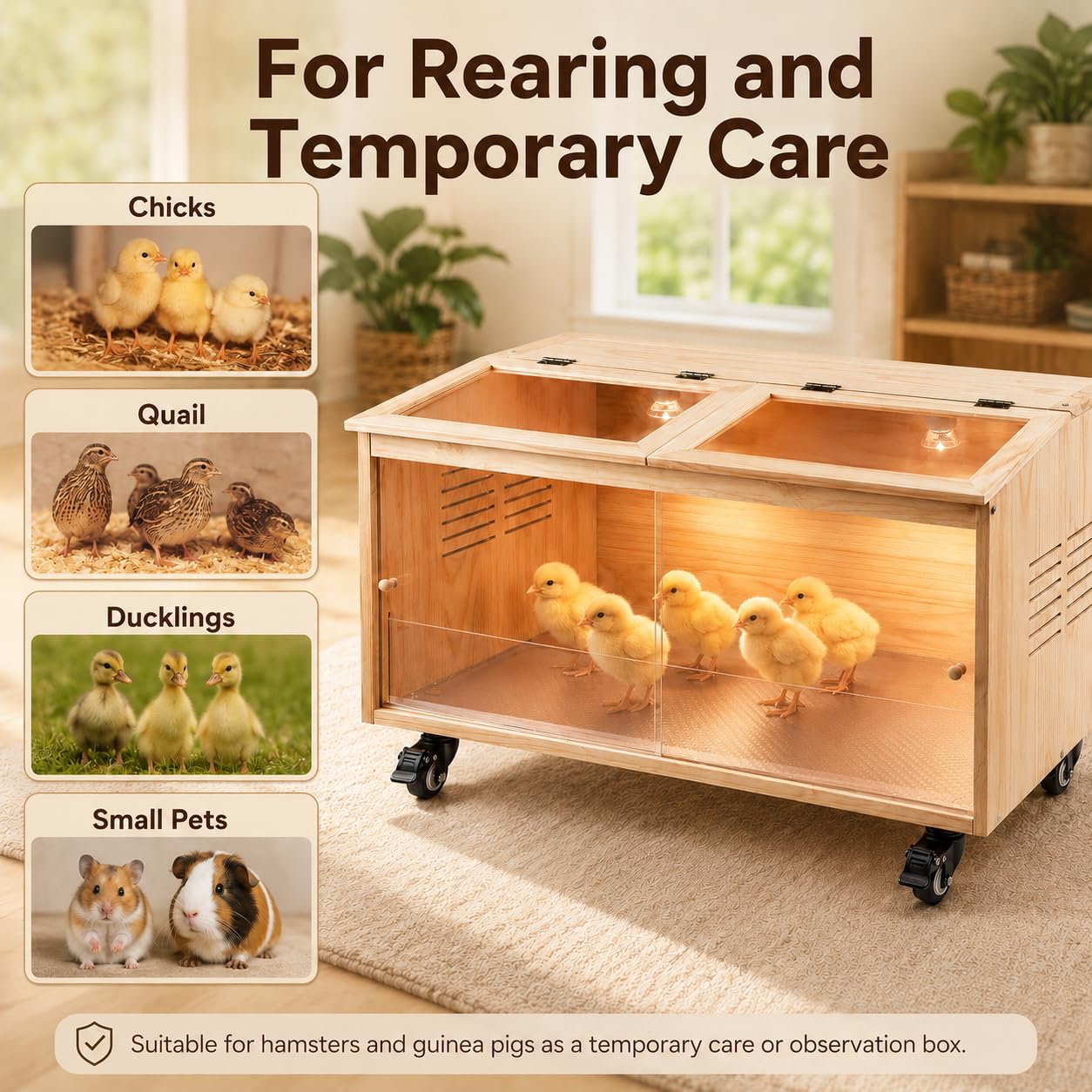 Caja de cría de pollos de madera para pollitos con termostato y soporte de lámpara de cerámica, 2 lámparas de calefacción y ruedas de freno, paneles sólidos de 1,5 cm de grosor para pollitos