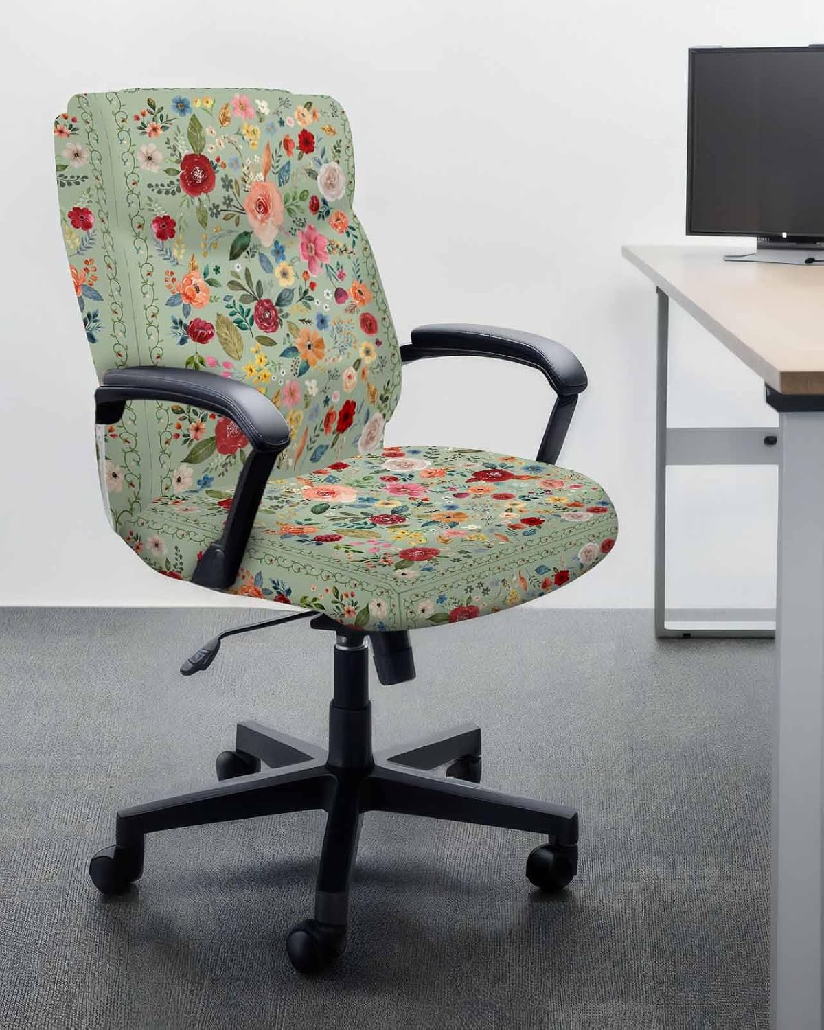 DecorLovee Sage Green Spring Floral Office Chair Covers Stretchable Computer Gaming Chair Cover, Botanical Watercolor Summer Universal Desk Chair Covers Rotating Chair Slipcover with Zipper, M