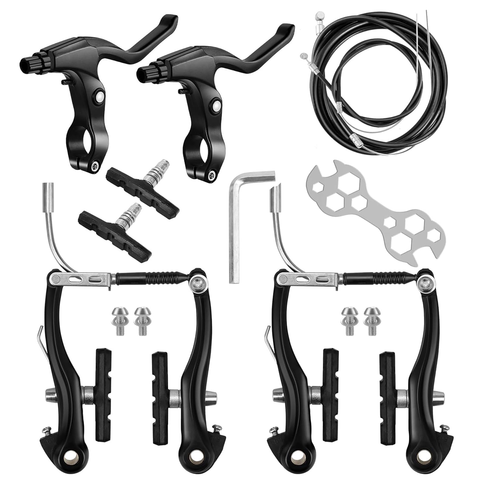 Bike Brakes Universal Complete Mountain Road Bike Brake Levers V Brake Set, Hydraulic Brakes Front Rear Cables Kit Set Includes Callipers, Levers, Cables & All Fixings Black