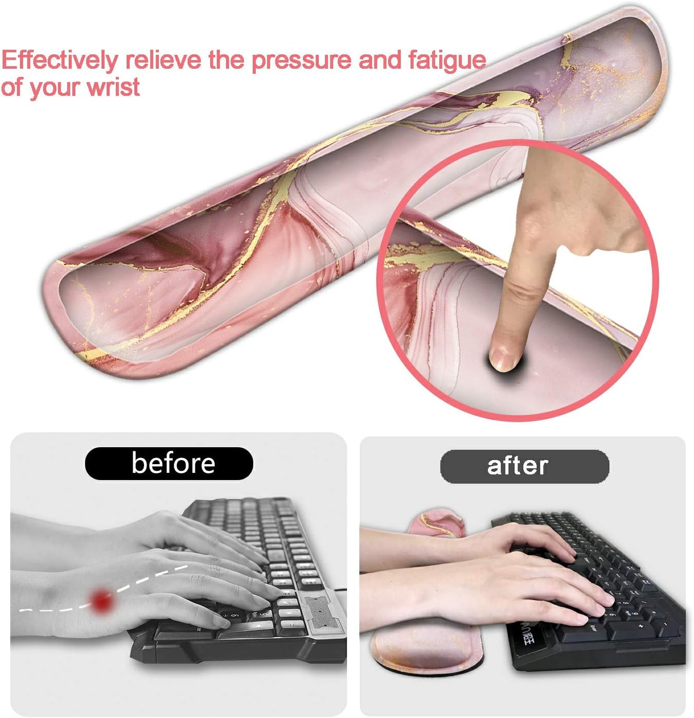 Dooke Keyboard Wrist Rest Pad and Mouse Wrist Rest Support, Comfort Wrist Rest Pad with Non-Slip Rubber Base & Memory Foam Support for Working Gaming Fatigue Pain Relief Pink Marble