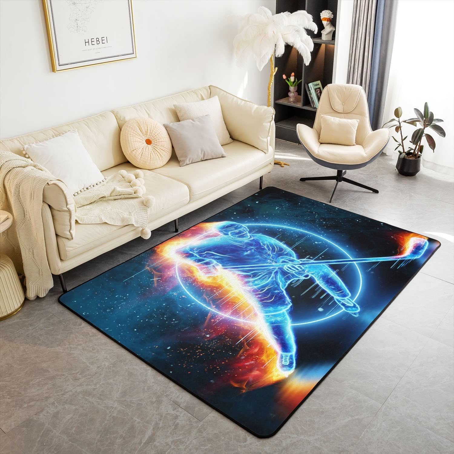 Erosebridal Ice Hockey Area Rug 5x7, Ice Hockey Player Non Slip Rugs, Winter Sports Game Living Room Rugs for Kids Boys Teens Adult Gift Bedroom Decor, Non Shedding Washable Accent Rug Set, Blue Hockey 02 5'x 6'6"