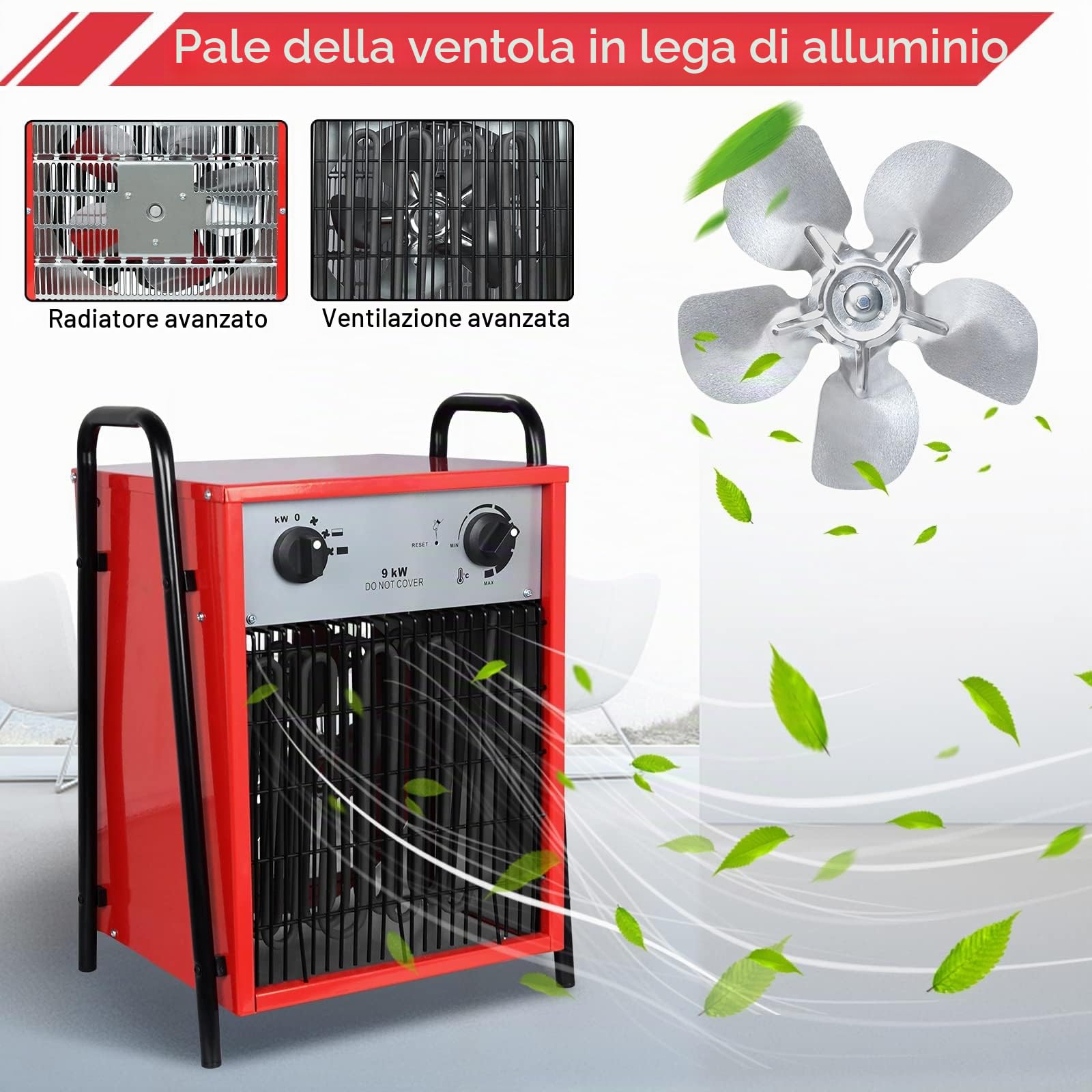 LARS360 5000 Watt, riscaldamento industriale professionale, con 3 livelli di calore, riscaldamento elettrico, a risparmio energetico, per interni ed esterni, protezione da sovraccarico