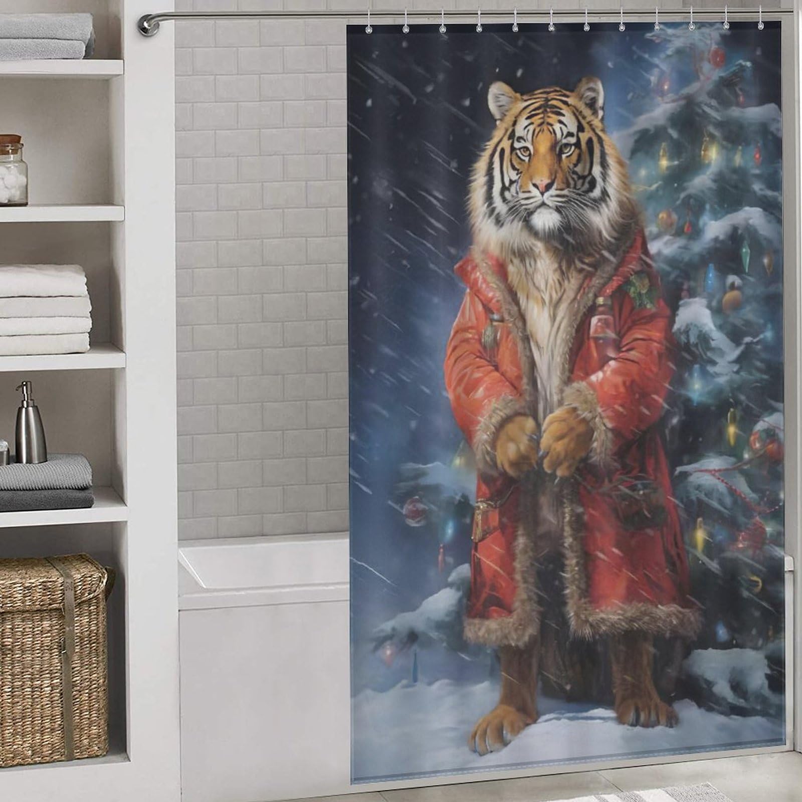 Rideau de douche tigre en tissu lavable 140x183 cm avec 12 crochets