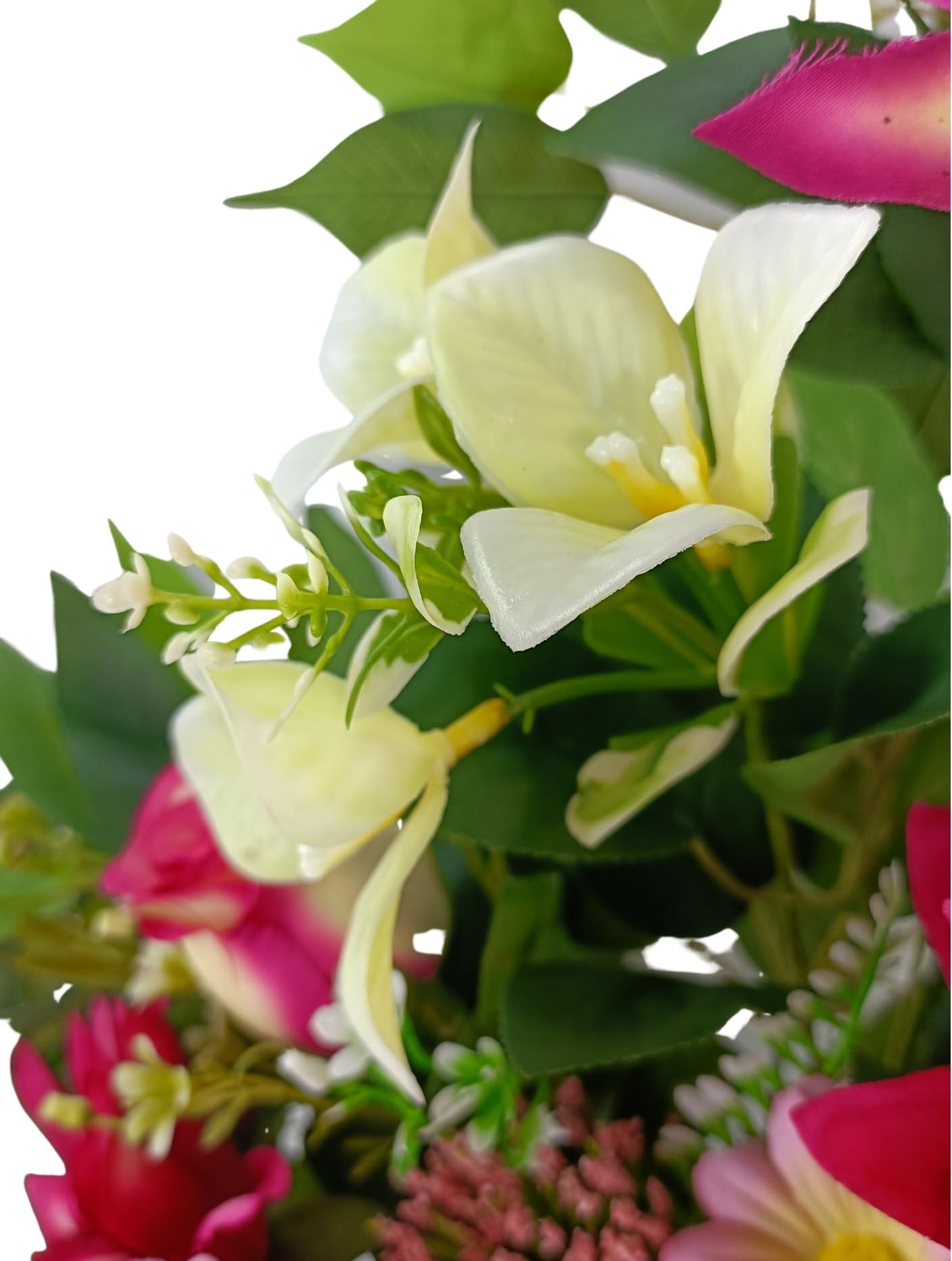 Centro Flores Artificiales Cementerio, Santos, Iglesias, Aniversarios, Ceremonias, Bodas Fucsia y Rosa con dalias, Lilium, Margaritas y Rosas 70x60x38 cm