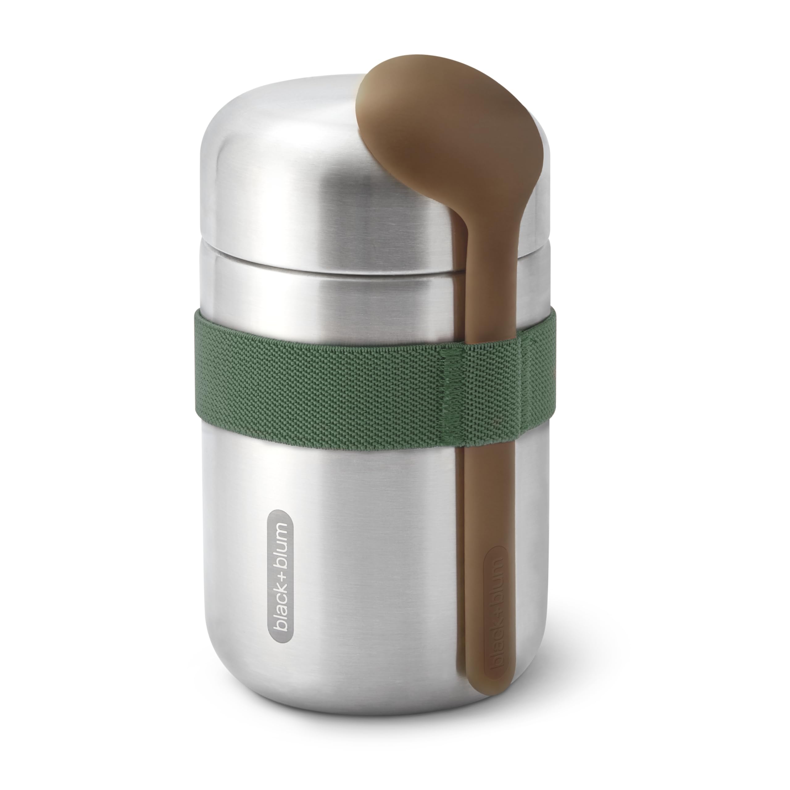 BLACK + BLUM - Food Flask - Vacuum Insulated 304 Stainless Steel Food Container with Leak Proof Lid, Nylon Strap and Natural Wood Fibre Spoon - Keeps Hot for 6 hrs, Cold for 8 hrs, Olive - 400ml