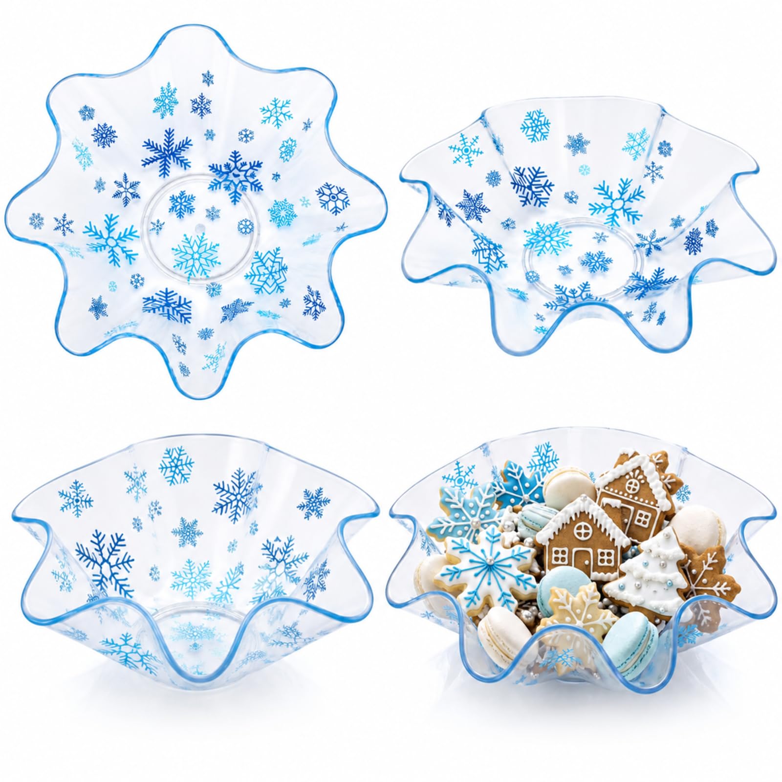 Tioncy 4 Pcs Winter Plastic Bowls 8 Inch Blue Snowflake Serving Dish