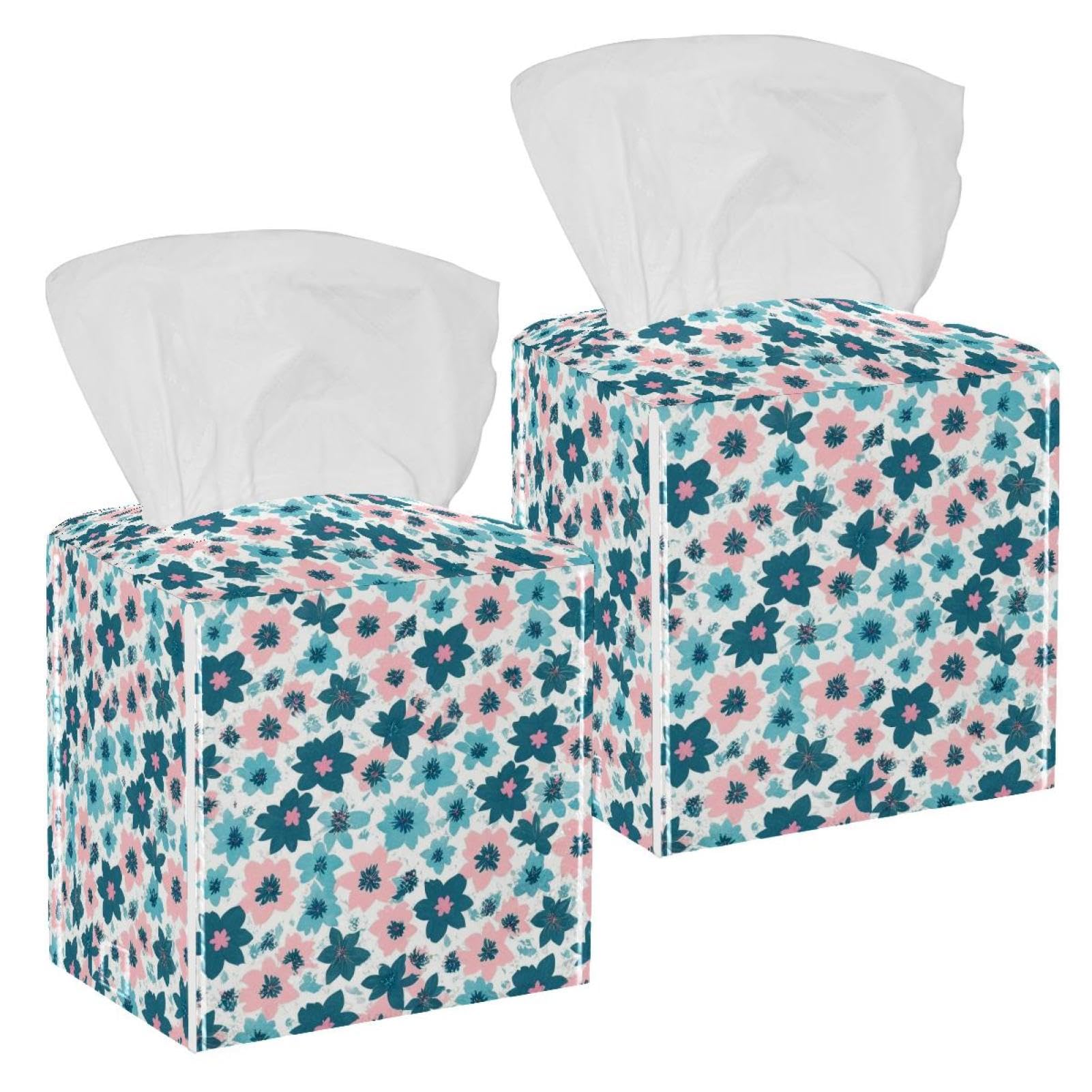 Aesthetic Flower Tissue Box Cover, 2 Pack PU Leather Square Facial Tissue Dispenser Box holder for Home Office Car