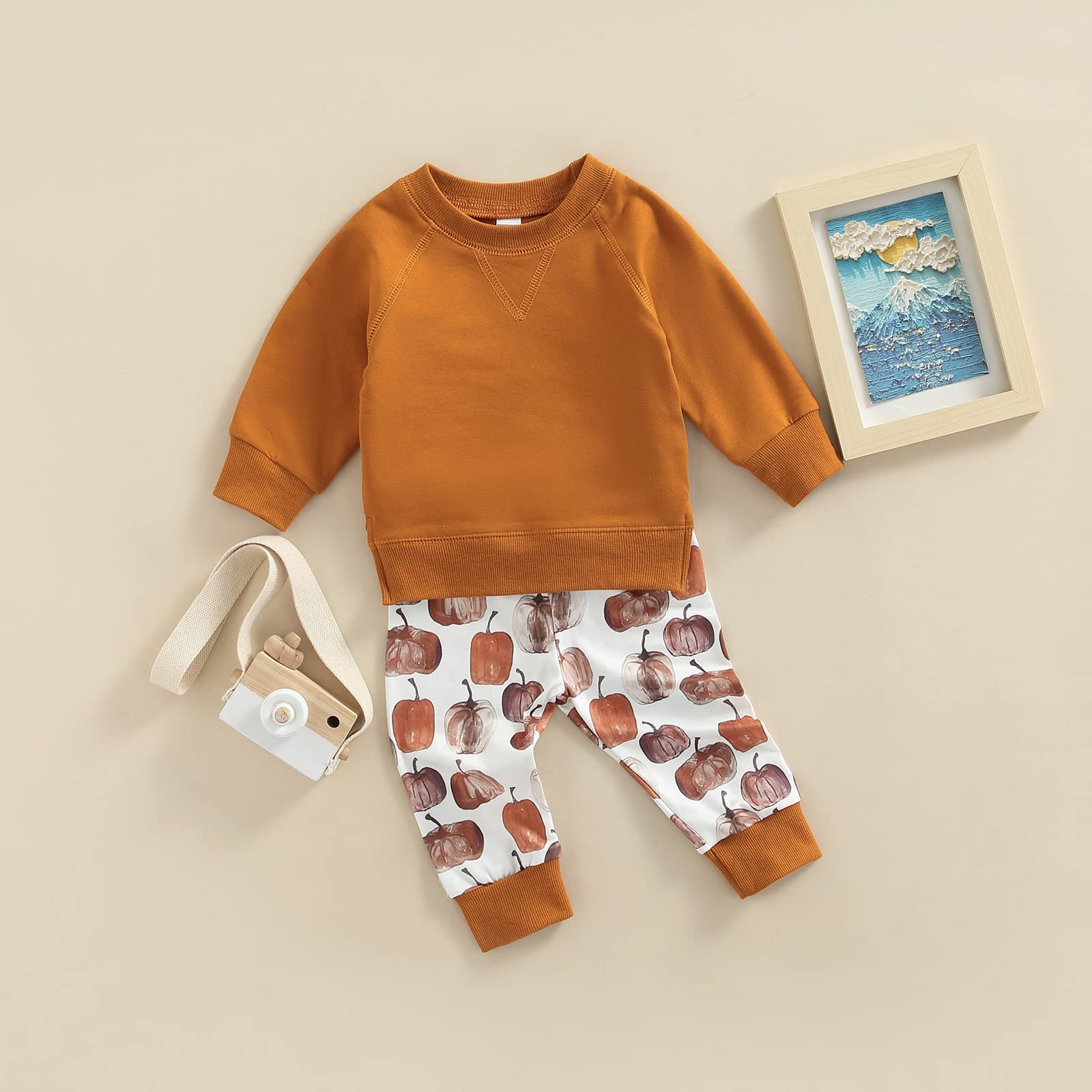 BULINGNA Toddler Baby Boy Girl Long Sleeve Solid Color Sweatshirt Pullover Tops Pumpkin Print Long Pants Fall Outfit Clothes (Brown, 6-12 Months)