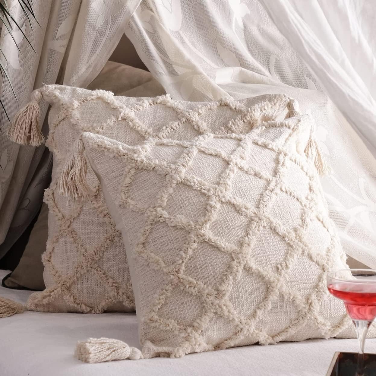 Oparun Box Set of 2 Boho Throw Pillow Covers for Couch, 18 x 18 Inch Textured Boho Pillow, Hand-Woven Tufted Decorative Pillows Covers Bedroom Living Room, Farmhouse (Beige_Taupe)