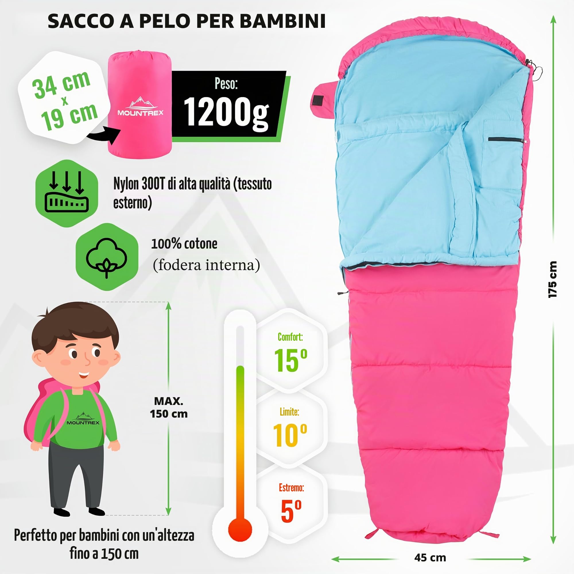 MOUNTREX® Sacco a pelo per bambini, portatile come uno zaino, sacco a pelo per bambini (175 x 70 x 45 cm), per esterni, viaggi, campeggio, sacco a pelo a mummia, leggero e compatto, fodera interna in
