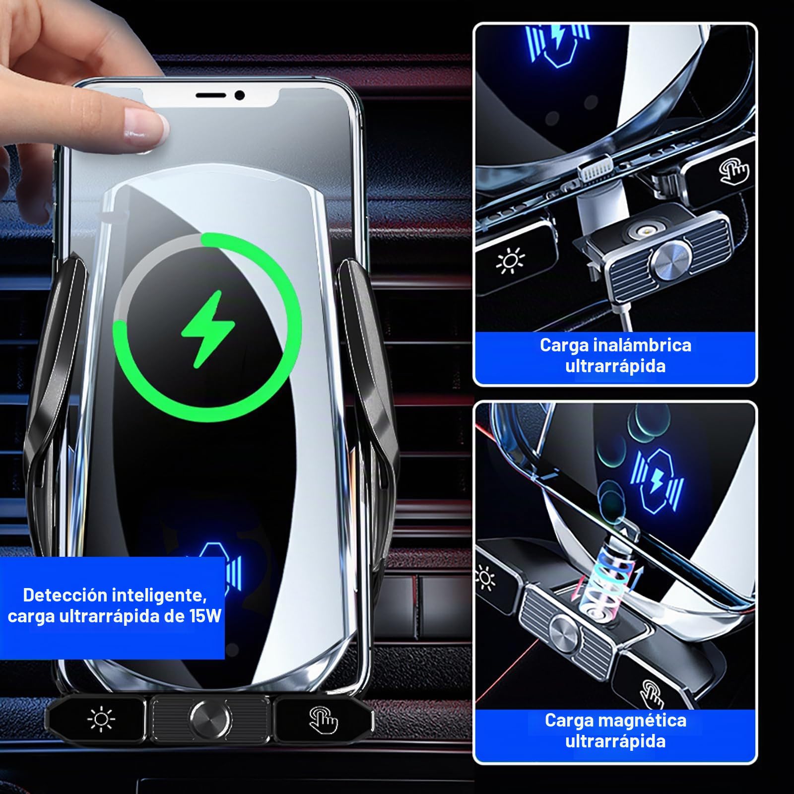 Soporte inalámbrico para teléfono de coche, cargador inalámbrico de 15 W, carga rápida, soporte de cargador de coche con sujeción automática, soporte de succión, salpicadero, ventilación de
