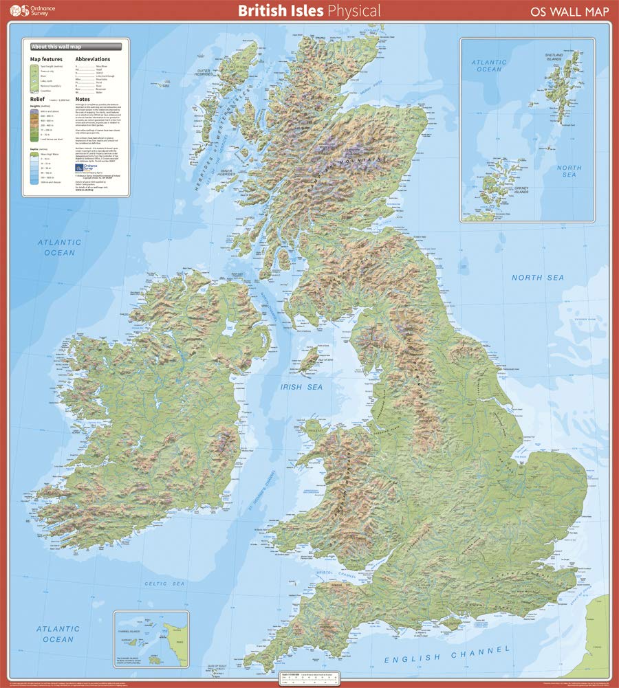British Isles Physical Wall Map | Laminated Wall Map | Ordnance Survey | OS Wall Map | British Isles | United Kingdom | Classroom | Maps