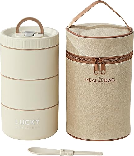 Miniatura 1 de YBOBK HOME Lonchera Bento cilíndrica de 3 niveles, mantiene la comida caliente, contenedor de almuerzo apilable térmico para adultos para trabajar,