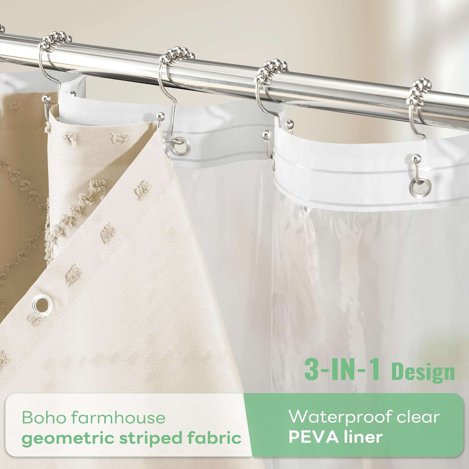 Dynamene Long Shower Curtain and Liner Set - 78 inch Tall Boho Shower Curtain and Waterproof Clear Liner, Tufted Geometric Striped Textured Tassel Shower Curtains for Bathroom, 12 Hooks, 72x78, Beige