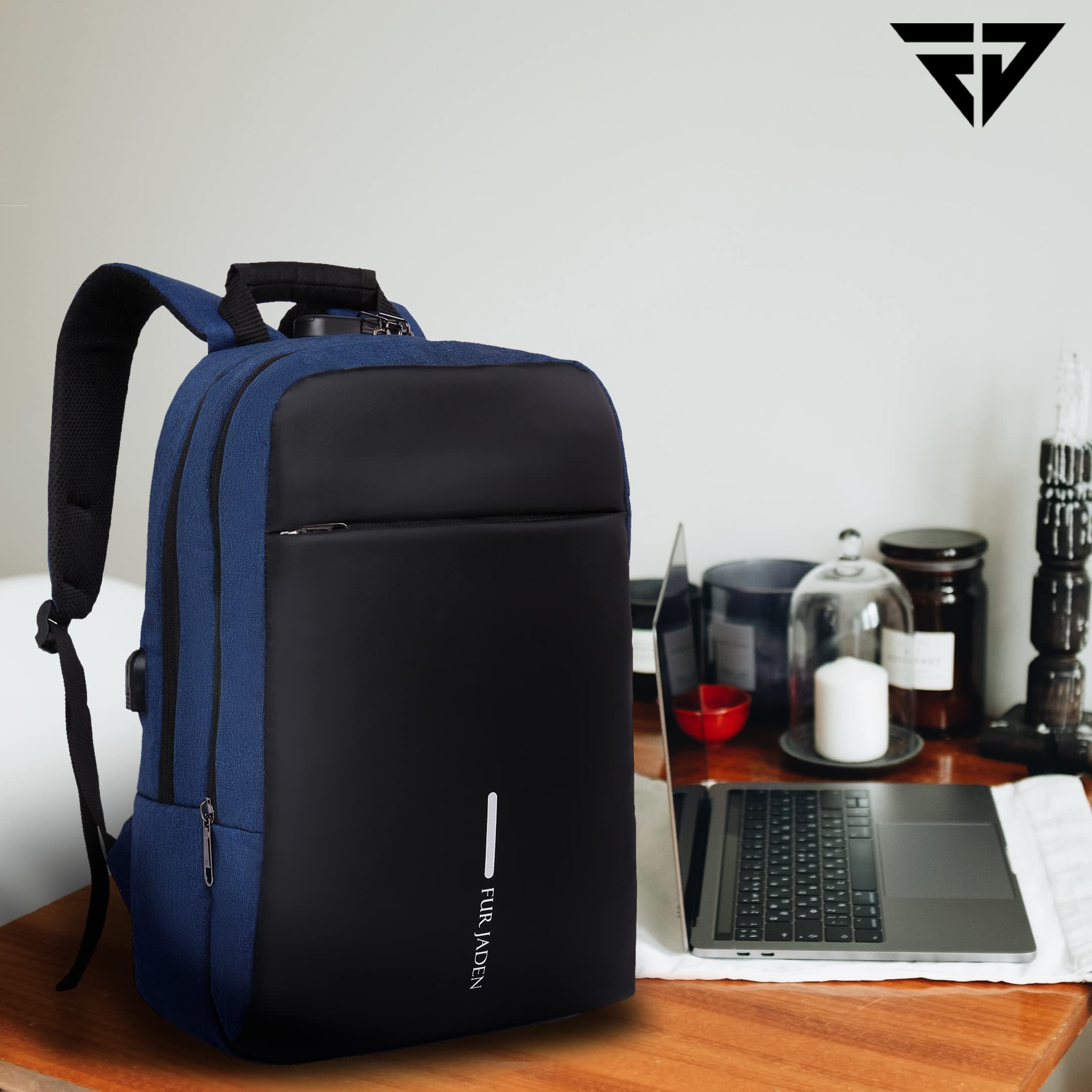 FUR JADEN Anti Theft Number Lock Backpack Bag with 15.6 Inch Laptop Compartment, USB Charging Port & Organizer Pocket for Men Women Boys Girls (Navy) 3