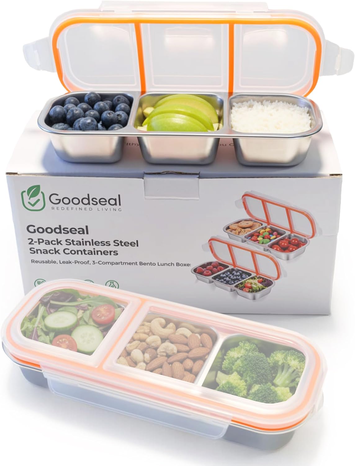 Stainless Steel Bento Box Snack Containers – 3-Compartment Leakproof Lunch Box, Reusable Metal Food Storage for Kids & Adults, School, Travel, Camping (2 Pack)