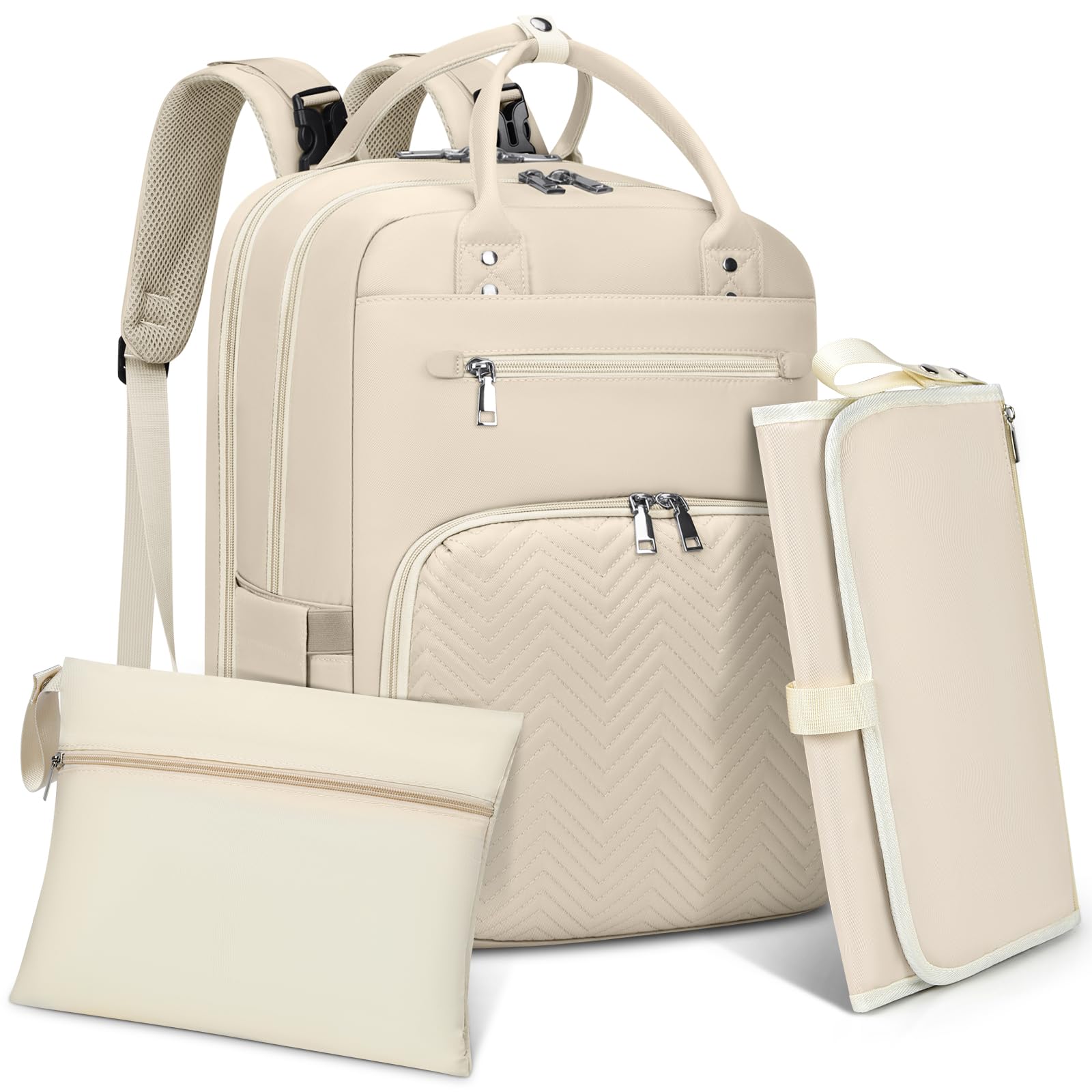 RAINSMORE Wickelrucksack Baby Wickeltasche Rucksack mit Wickelunterlage Unterwegs Groß Diaper Bag Multifunktions Baby Taschen für Mama und Papa Aprikose