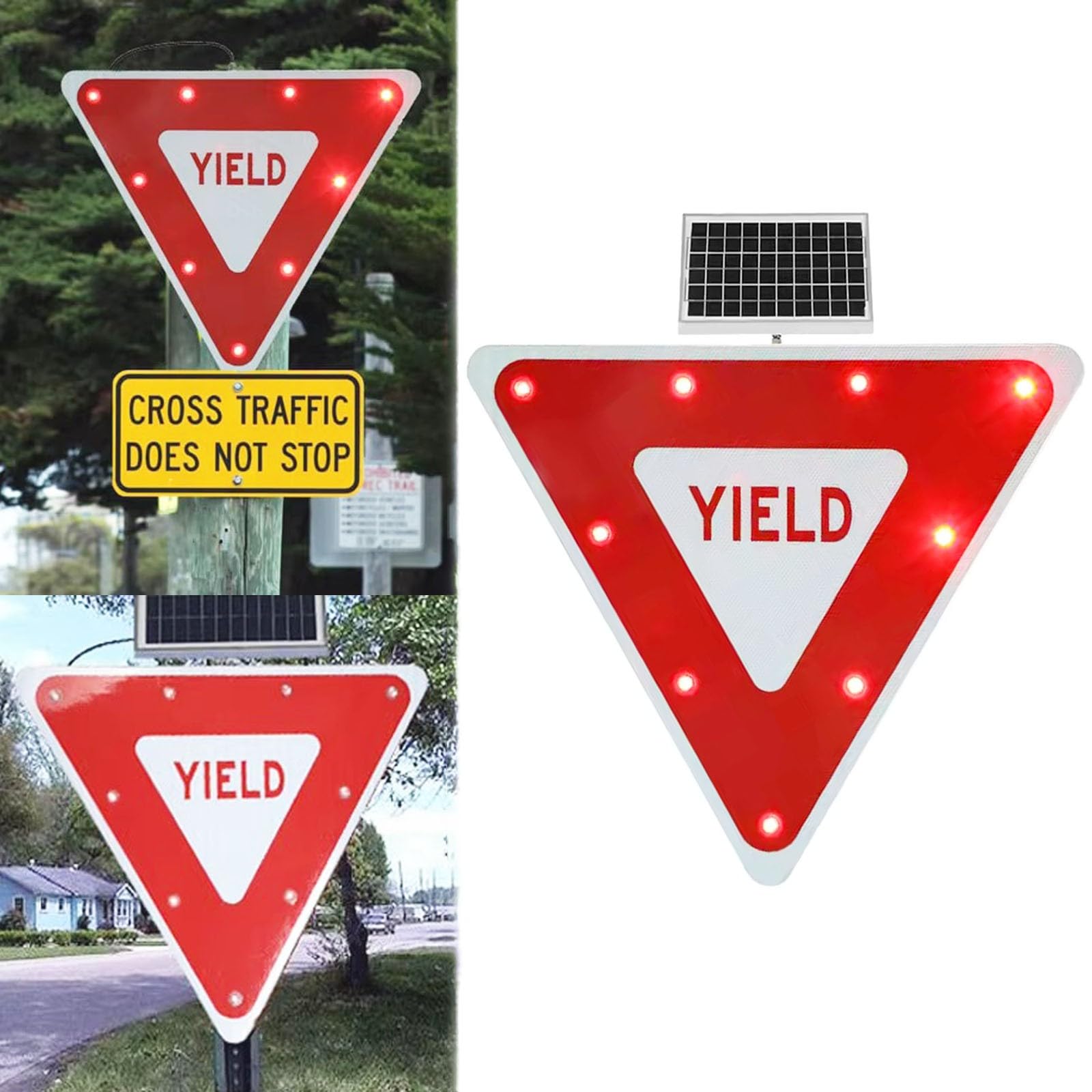 Señal de ceder el Paso de Aluminio con energía Solar de 28 Pulgadas, señal de Paso Triangular Intermitente LED Señales de Advertencia de Cruce de Carreteras, para Calles, muelles