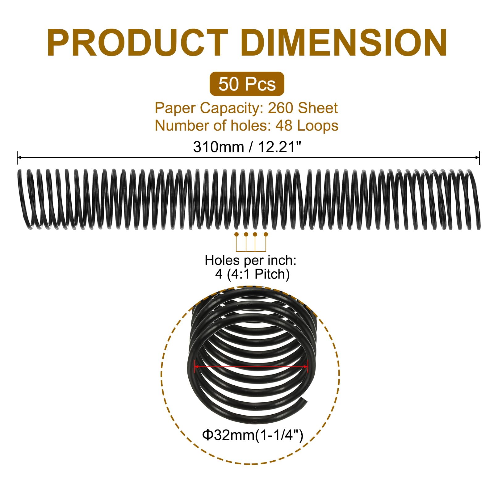 PATIKIL 50 Pezzi Spirali Di Rilegatura In Plastica, 32mm (1-1/4") Spirali Per Rilegatura Capacità 260 Fogli Anelli A Spirale Passo 4:1 Per Ufficio Aula, Nero