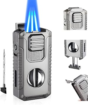 Torch Lighter Refillable Butane, Triple Jet Flame Butane Torch Lighters with Punch, Windproof Lighter Torch with V Cutter, 5-in-1 Small Torch Lighter Without Gas Black Brushed