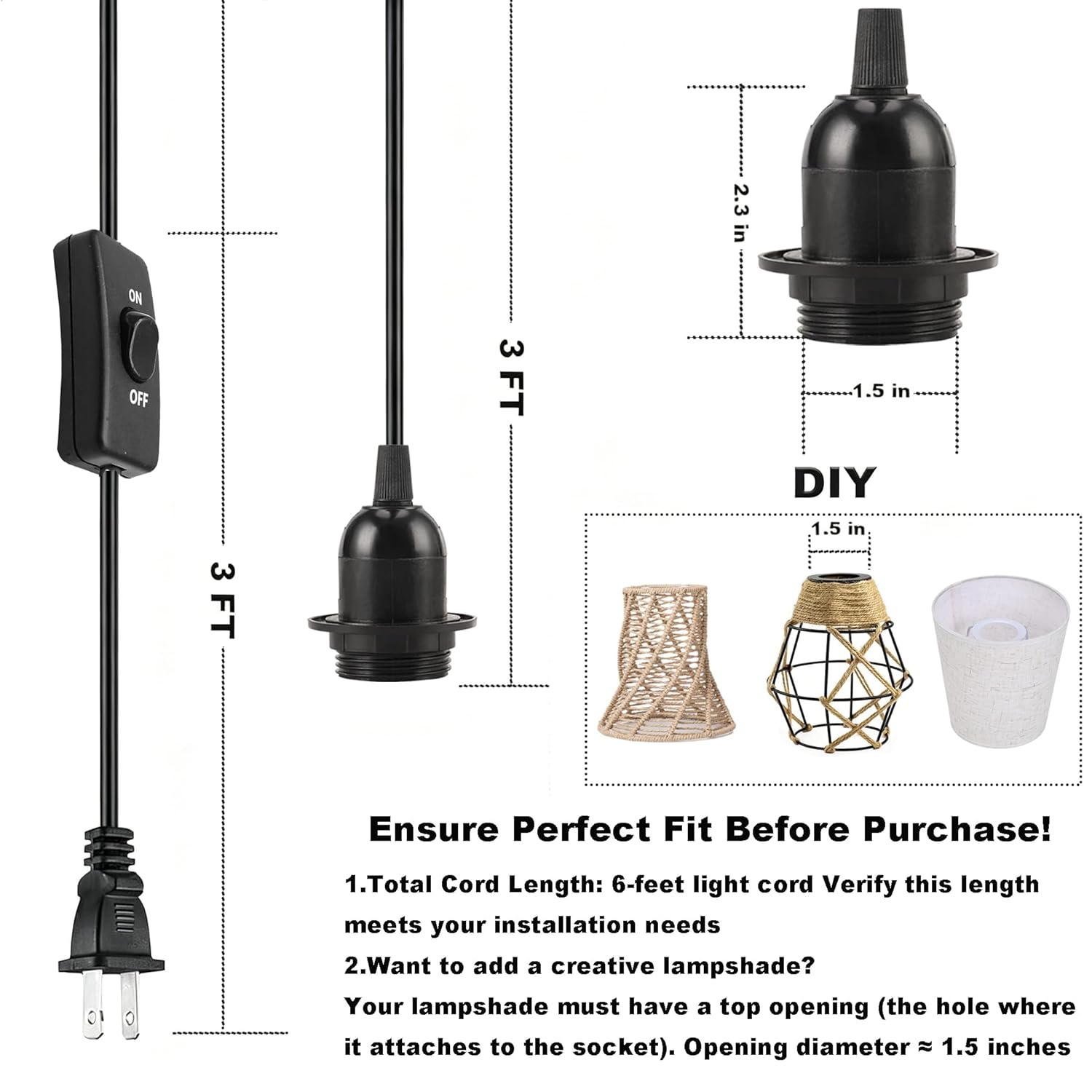 Black Extension Cord with Switch, 18AWG 125V 2A 200W, 6ft Himalayan Salt Lamp Cord with Dimmer Switch – Includes 15W Halogen Bulb, E12 Base