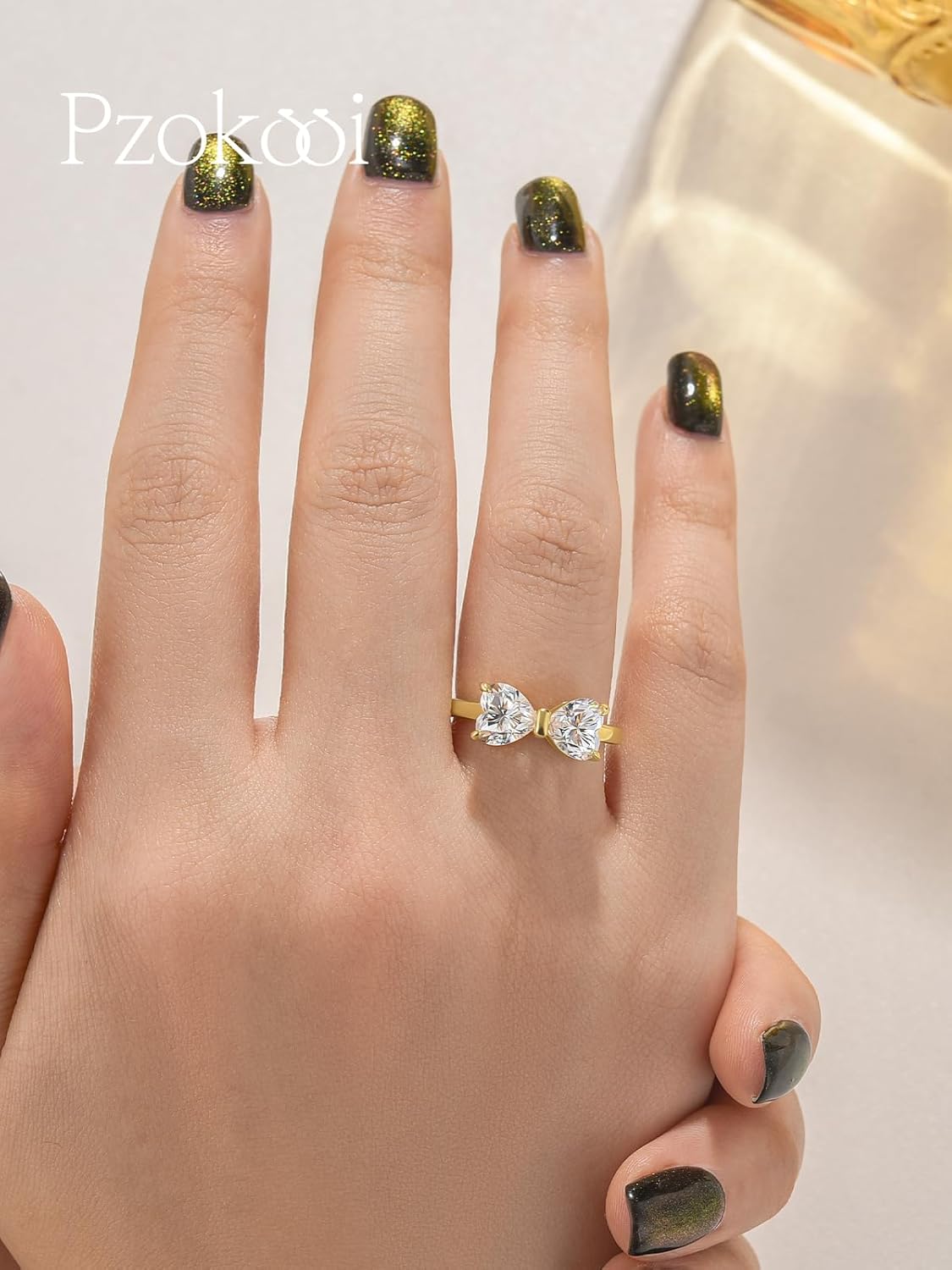 2.0 Carat Moissanite Bow Engagement Ring, 14K Thick Gold Plated 925 Sterling Silver, Two D-Color Heart Shaped Gemstone, Trendy Wedding Promise Ring for Women - Image 3