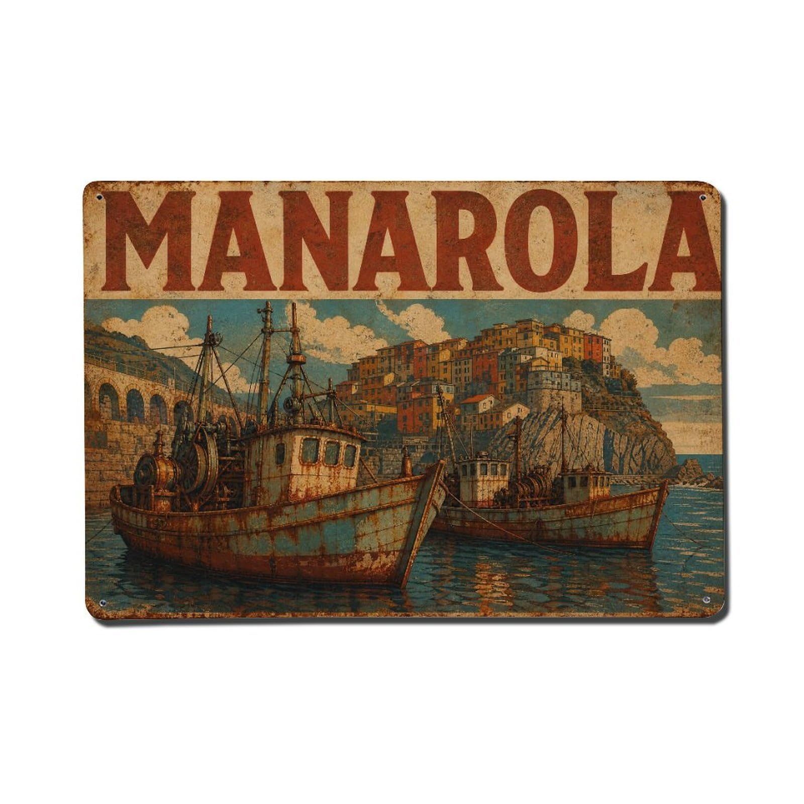 Vintage Travel Manarola Fishing Boats Harbor Maritime Italy Metal Tin Sign