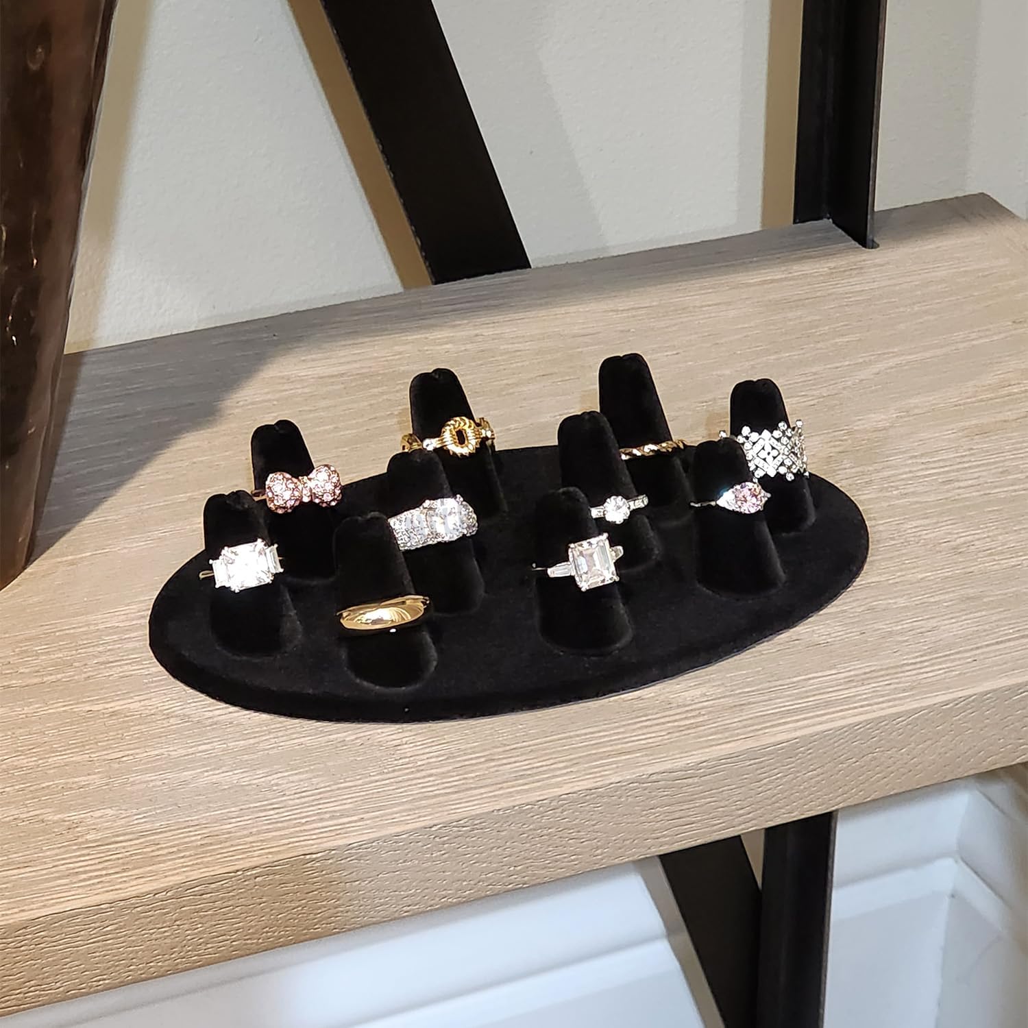 MOOCA 2 Pcs Set Finger Ring Stand Jewelry Display Holder, Hold 10 Rings For Each Piece, Ring Display Drawer Storage Jewelry Stands for Shows, Black Velvet, 7 1/2 W x 4 1/2 D x 1 3/8 H in