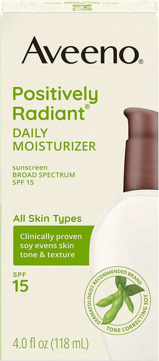 Aveeno Crema hidratante facial diaria positivamente radiante con protector solar SPF 15 de amplio espectro y extracto de soja, 4 fl. onz
