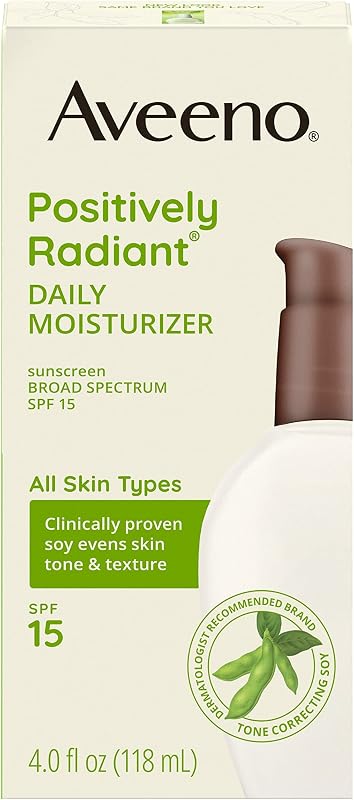 Aveeno Crema hidratante facial diaria positivamente radiante con protector solar SPF 15 de amplio espectro y extracto de soja, 4 fl. onz