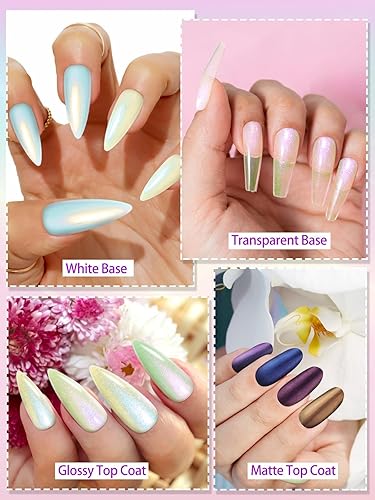 Miniatura 4 de EBANKU Juego de 8 esmaltes de uñas de gel perlado con purpurina nacarada, azul, verde, morado, dorado, brillante, efecto de hilo de sirena, blanco y