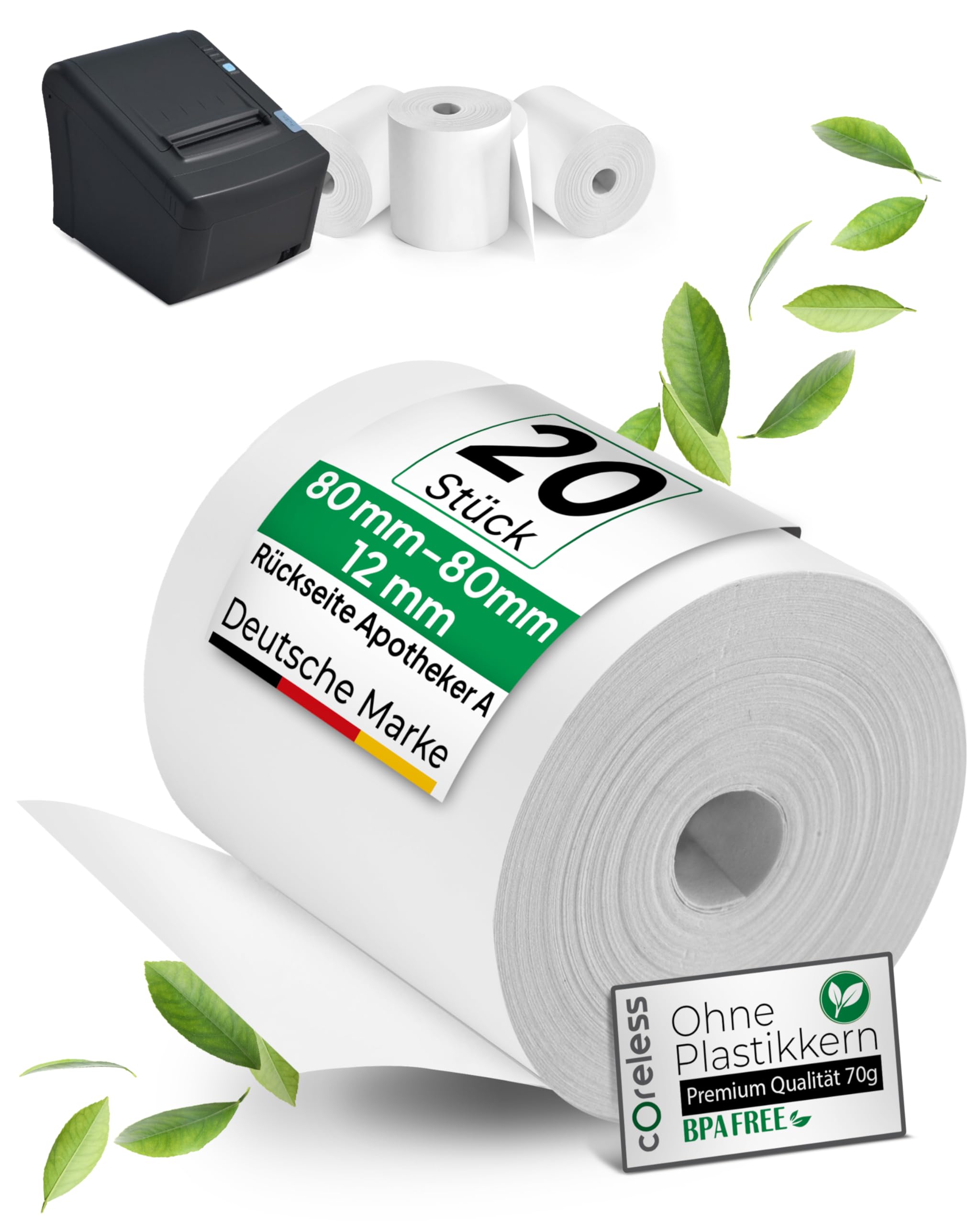 coreless - 50 Thermorollen 80mm x 80mm x 12mm mit Apotheker A ohne Plastikkern - Rolle aus Thermopapier