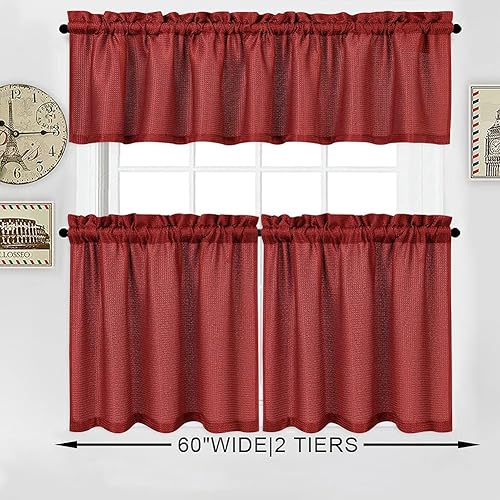 Miniatura 2 de Cortinas cortas, tela con textura de waffle, impermeables, para cubrir ventanas en baños, cocina, cafetería, Tela, Burgundy