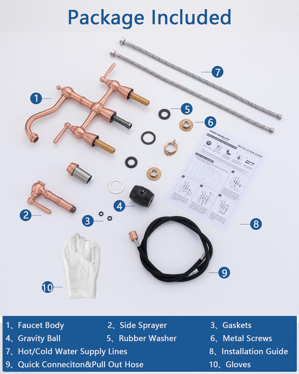 Avola Solid Brass Copper Bridge Kitchen Faucet with Pull Down Sprayer,2 Handles 4 Holes Antique Classic Bridge Kitchen Faucets with Side Sprayer,Copper Farmhouse Kitchen Faucet