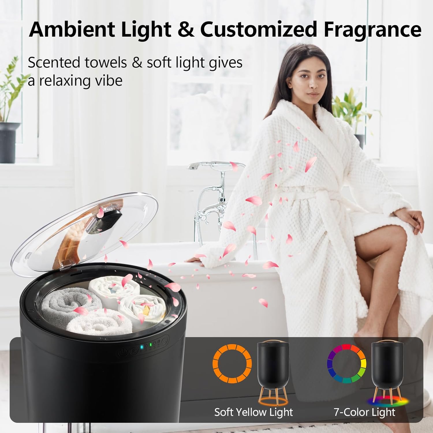 Towel Warmer, 25L Towel Warmer Bucket for Bathroom - Bluetooth Speaker Ambient Light, Adjustable Timer, Auto Shut-Off, Fits Up to Two Large 40x70 Towels, Blanket Robes Pjs, Ideal Gift - Black