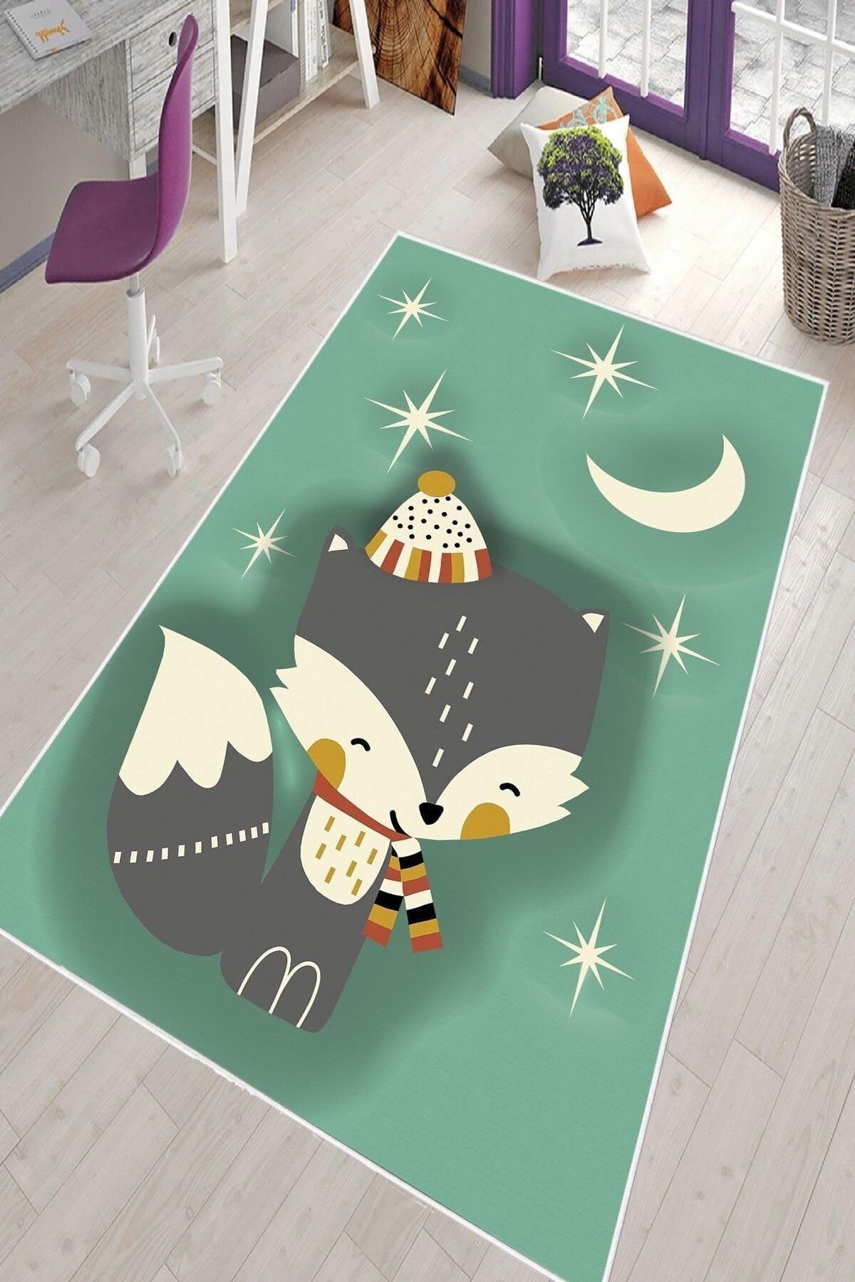 Pelangi Yeşil Rakun Desenli Yıkanabilir Kaymaz Taban Leke Tutmazbebek Ve Çocuk Odası Halısı, Yeşil-Gri 80 x 600