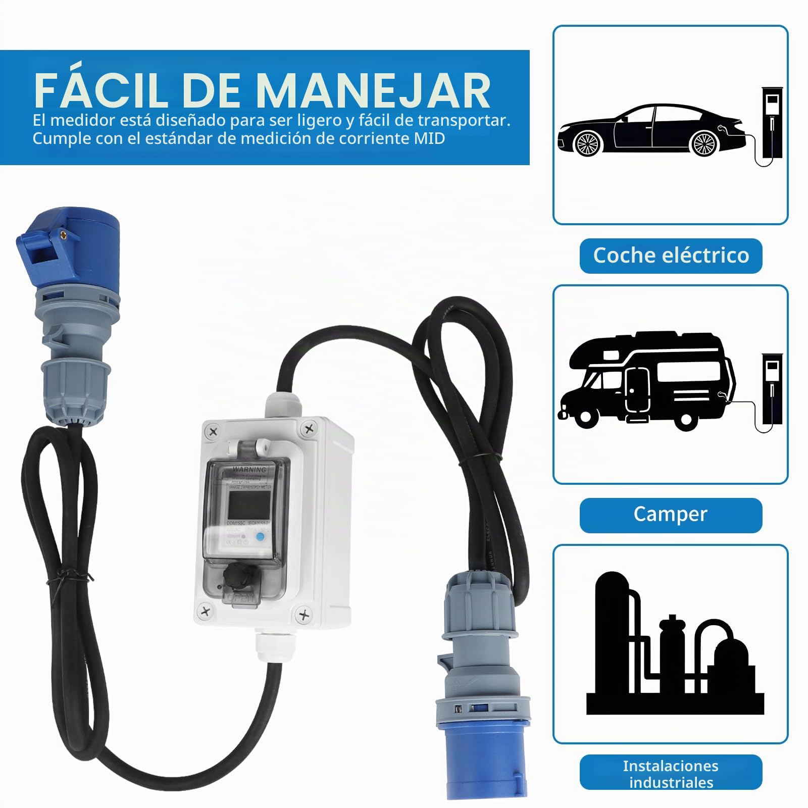 SWAWIS Medidor Digital Portátil de Electricidad 230V IP67 con enchufe CEE Contador de Consumo Eléctrico Portátil para Exteriores KWH Enchufe para Autocaravanas, Vehículos Eléctricos y Hogares