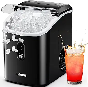 Silonn Nugget Ice Makers Countertop, Chewable Pellet Ice Machine with Self Cleaning Function, Portable Pebble Ice Maker with Ice Scoop for Home Kitchen Office, Black
