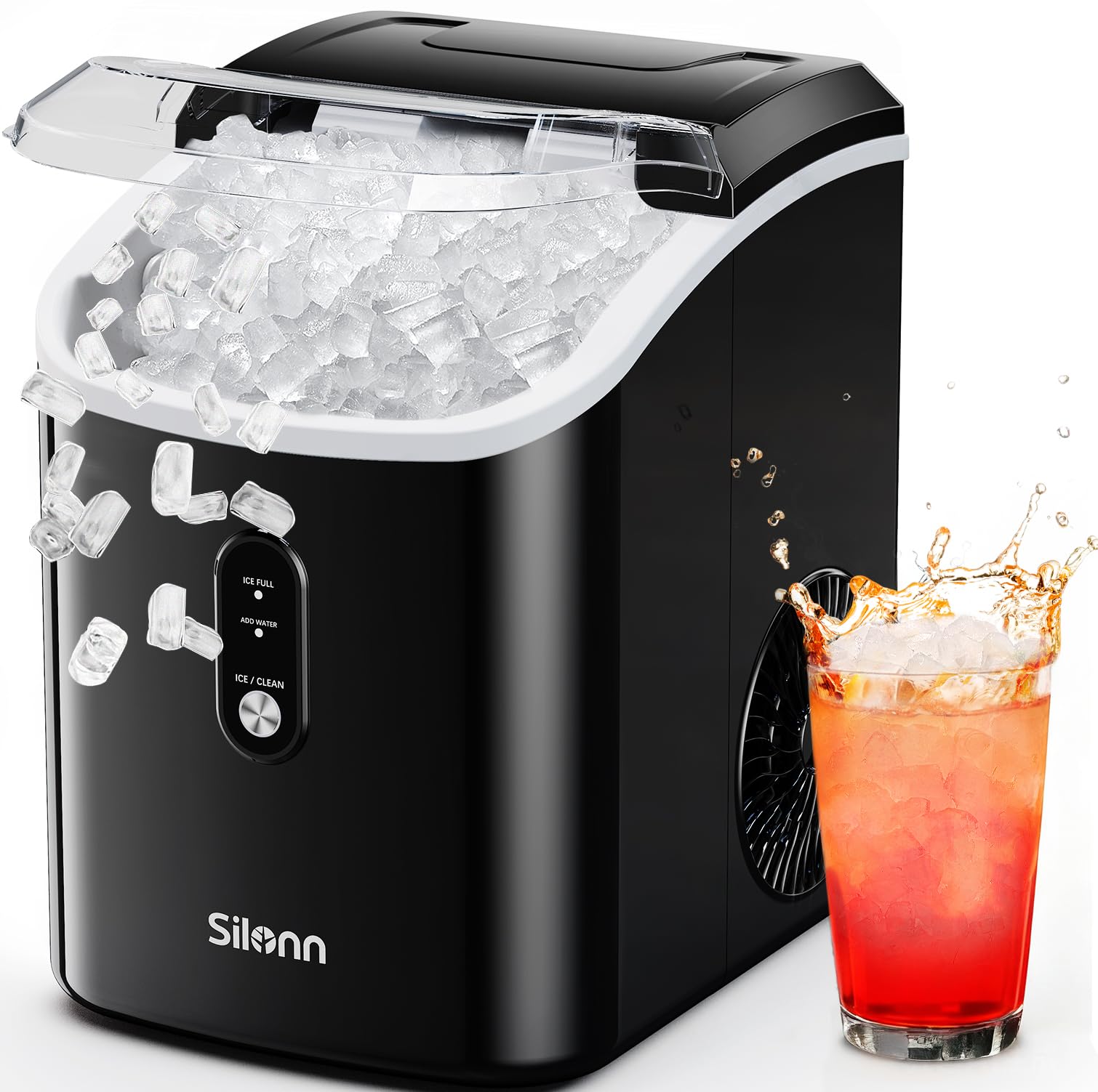 Silonn Nugget Ice Makers Countertop, 38lbs/24H Chewable Pellet Ice Machine with Self Cleaning Function, Portable Pebble Ice Maker with Ice Scoop for Home Kitchen Office, Black | Fridge.com