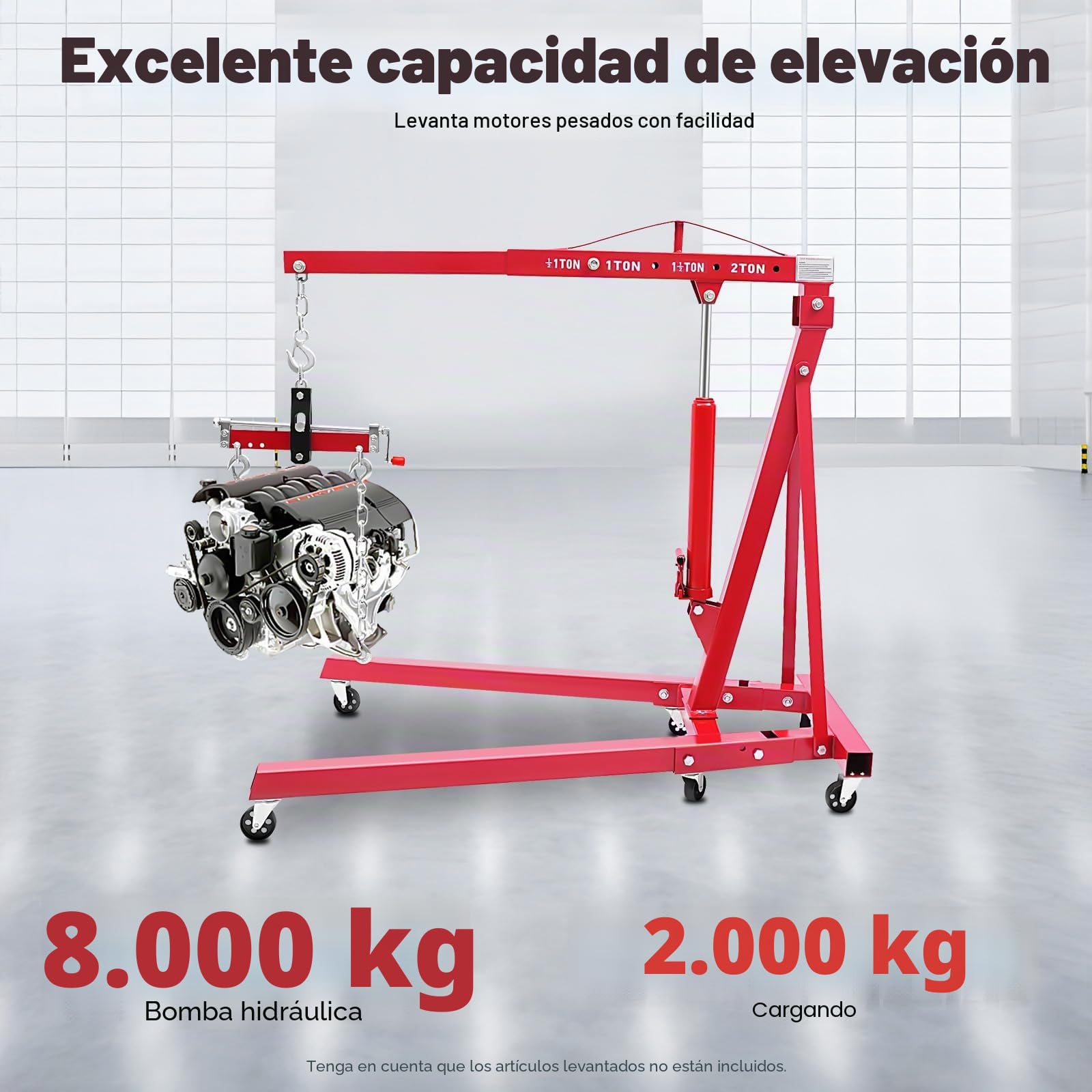 Grúa para motor, 2 toneladas, gato hidráulico con palanca de bomba, patas plegables, plataforma elevadora, elevador de coche, mango de soporte, 6 ruedas robustas, taller, garaje