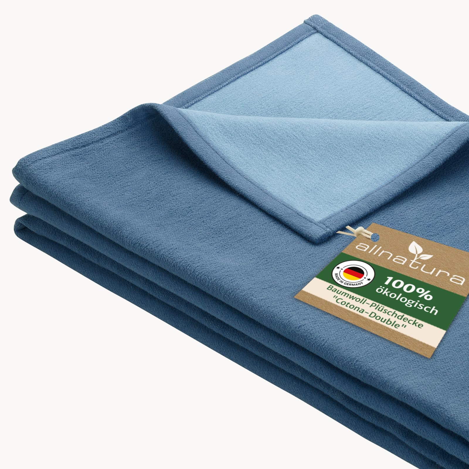 Allnatura Blue Cotona-Double Large Fluffy Cotton Plush Blanket, 140 X 200 Cm, Gots-Certified, Machine Washable, Couch Blanket