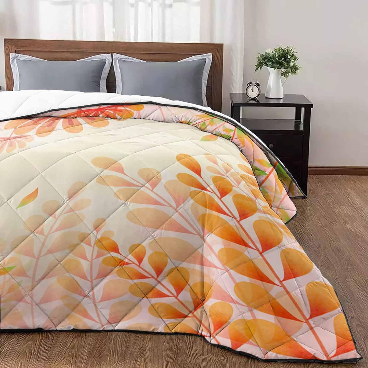 T&H XHome Quilt California King Luxury Quilted Comforter Bedspread-Thin Soft Cozy, Thanksgiving Fall Watercolor Autumn Leaf Plant Reversible Stitched Lightweight Quilt Coverlet for All Season