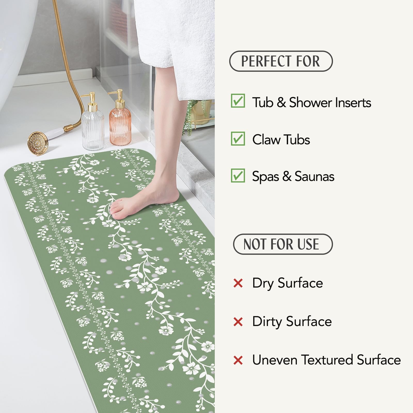 SHUCHING Tapis de Bain Antidérapant Vert Sauge, Tapis Baignoire Antidérapant, Réssistant à la Moisissure et Lavable en Machine 100 x 40 cm