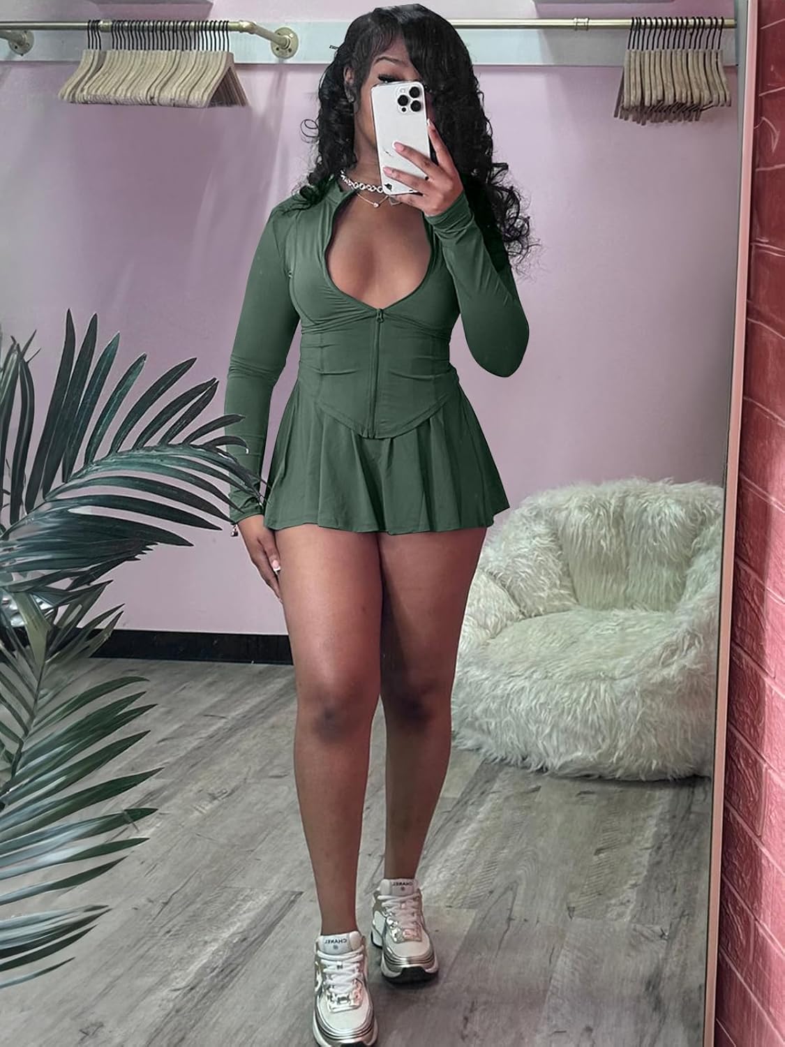 Women 2 Piece Outfits Tracksuit Sets Long Sleeve Zipper Jacket Crop Top and Mini Skirt Skort Set Casual Workout Sweatsuits - Image 2