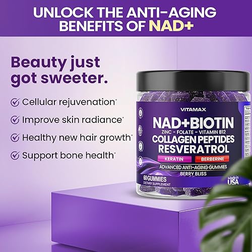 Miniatura 6 de Gomitas antienvejecimiento NAD +, resveratrol, berberina y biotina, suplemento para cabello, piel, uñas y articulaciones, péptidos de colágeno,