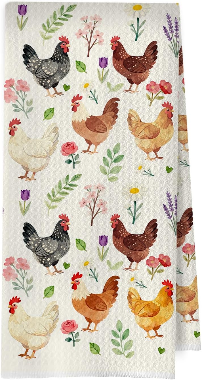 Farmhouse Rooster Kitchen Towels - Rooster Kitchen Decor, Chicken Decorative Waffle Dish Towels, Chicken Gifts Hand Towel, Farm House Tea Towel, 16×24 Inches