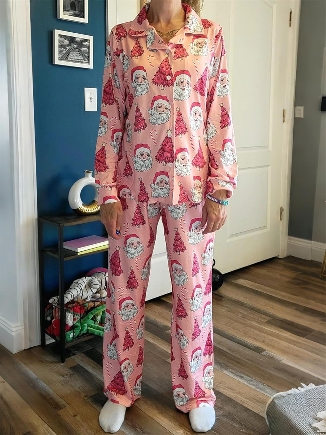 Alyweatry Women Christmas Santa Pajama Set Long Sleeve Button Down 2 Piece Lounge Pjs Set Holiday Sleepwear - Image 2