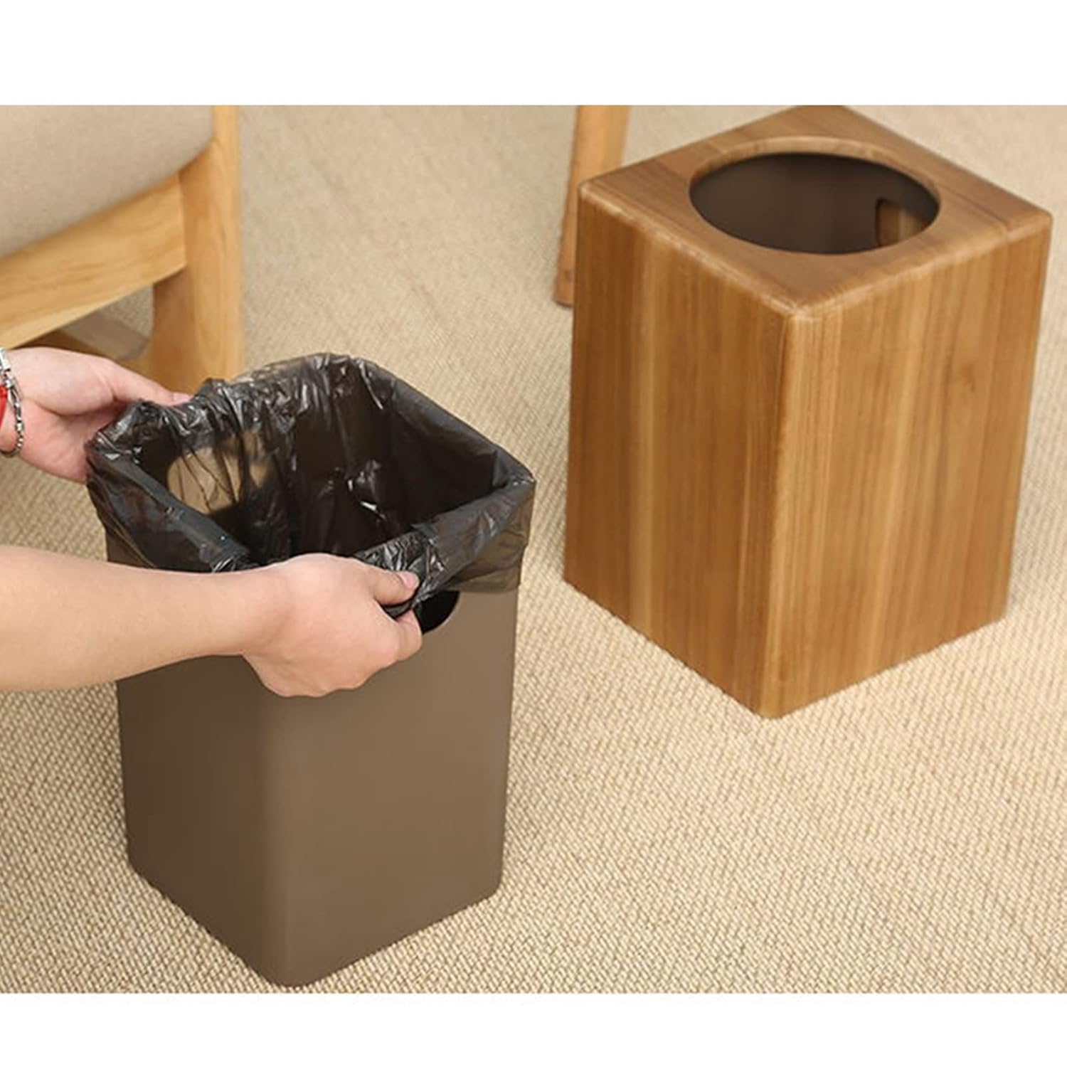 8L Trash Can Teak Garbage Bin Kitchen Rubbish Container Wooden Square Waste Basket with Plastic Inner Cylinder for Living Room Office Bathroom Bedroom Storage Bucket