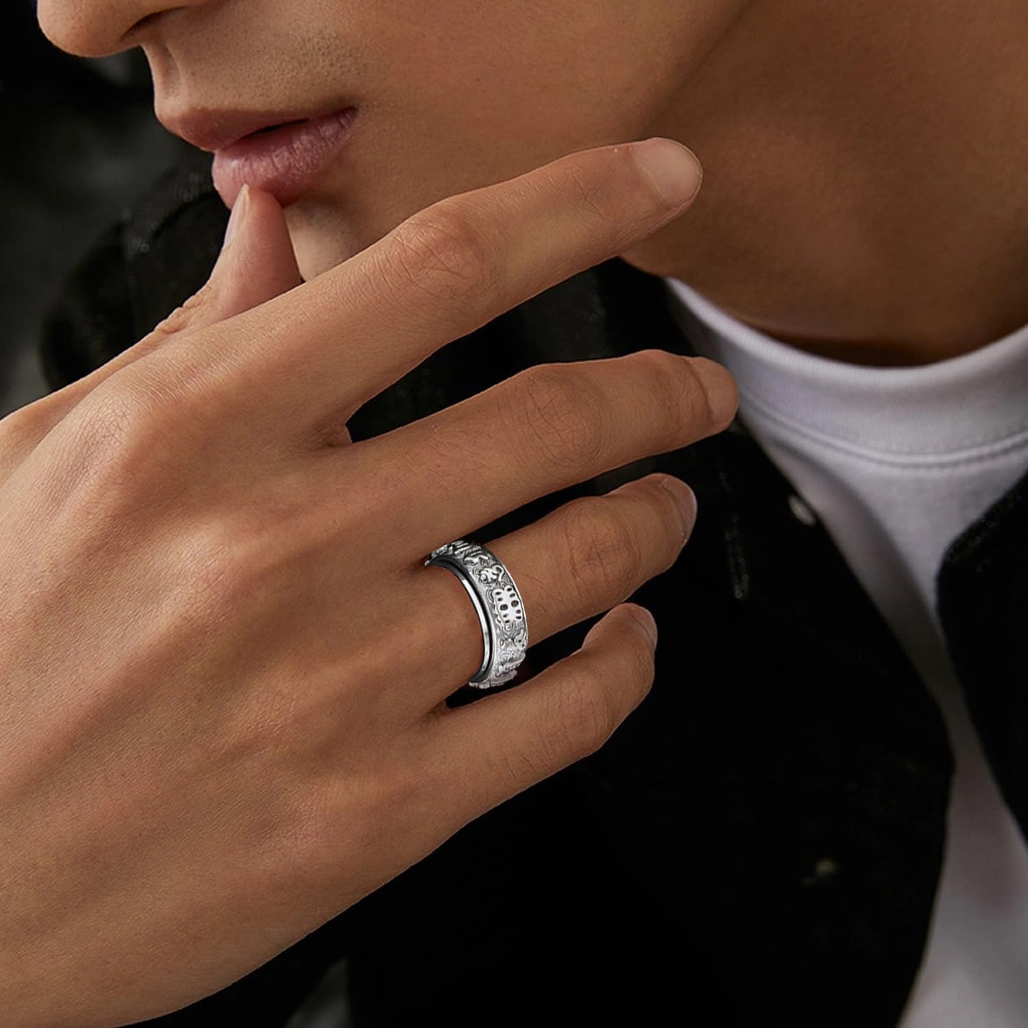 Men's Tibetan Buddhist Lucky Charm Ring, Stainless Steel Om Mani Padme Hum Fidget Anxiety Spinner Ring Stress Relief Religious Prayer Holy Jewelry Size 8-12